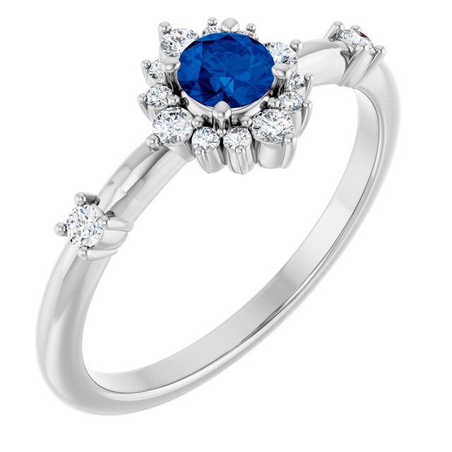 Sterling Silver Lab-Grown Blue Sapphire & 1/6 CTW Natural Diamond Halo-Style Ring 